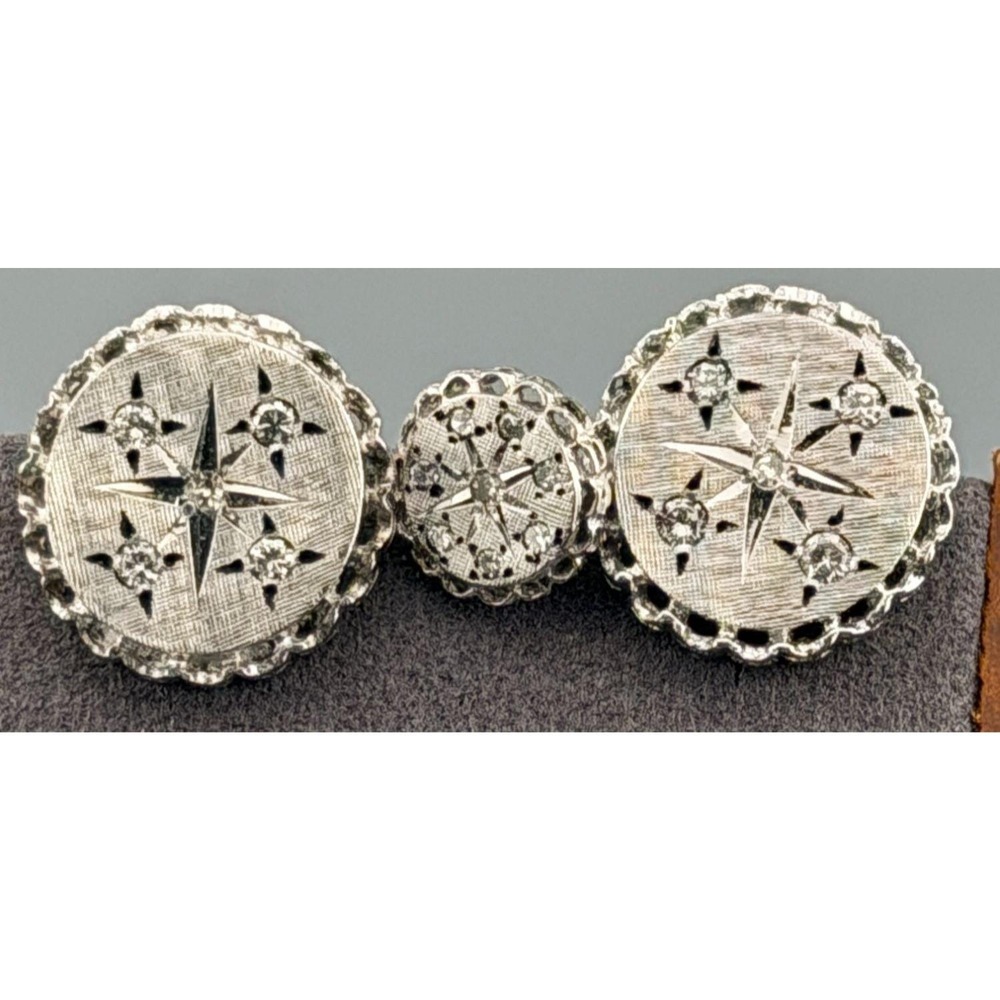 Vintage Cufflinks Sterling Silver Starburst Tie Tack & Links Set Diamond Accents